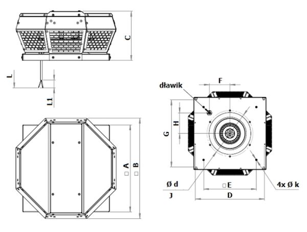 wentylator harmann VIVO 2-220/900S dachowy promieniowy wymiary popup
